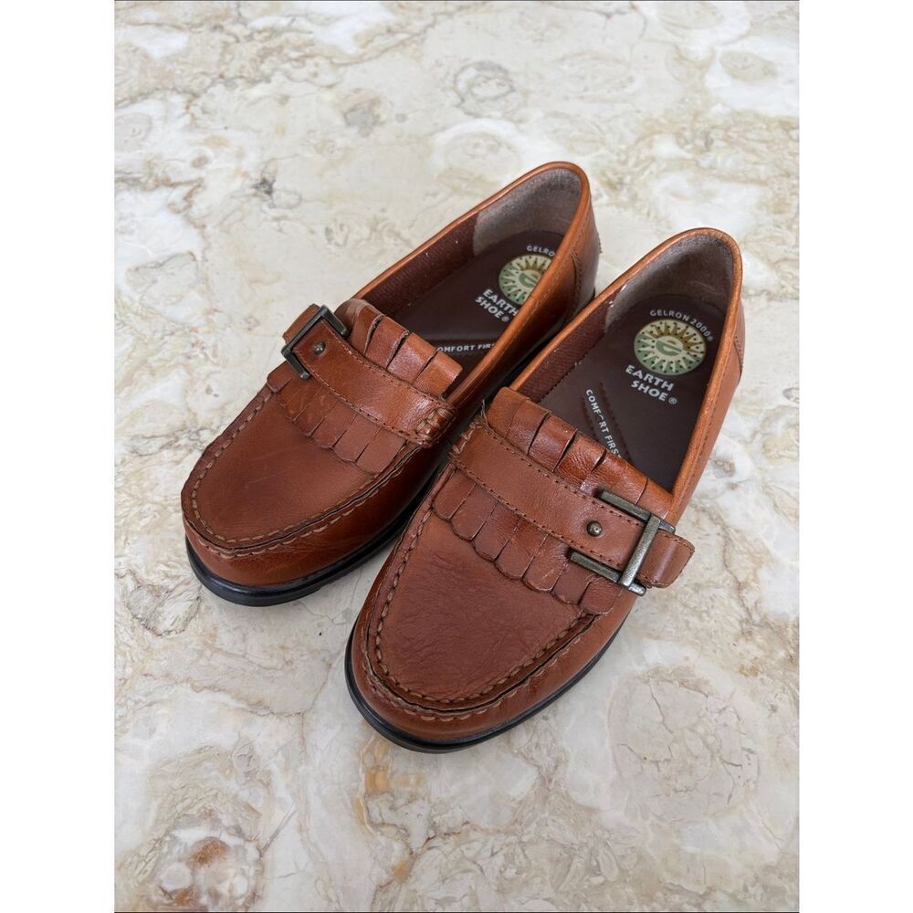 Earth Shoe Gelron 2000 Leather Loafers Buckle & Fringe Detail Classic Comfort - Picture 3 of 13